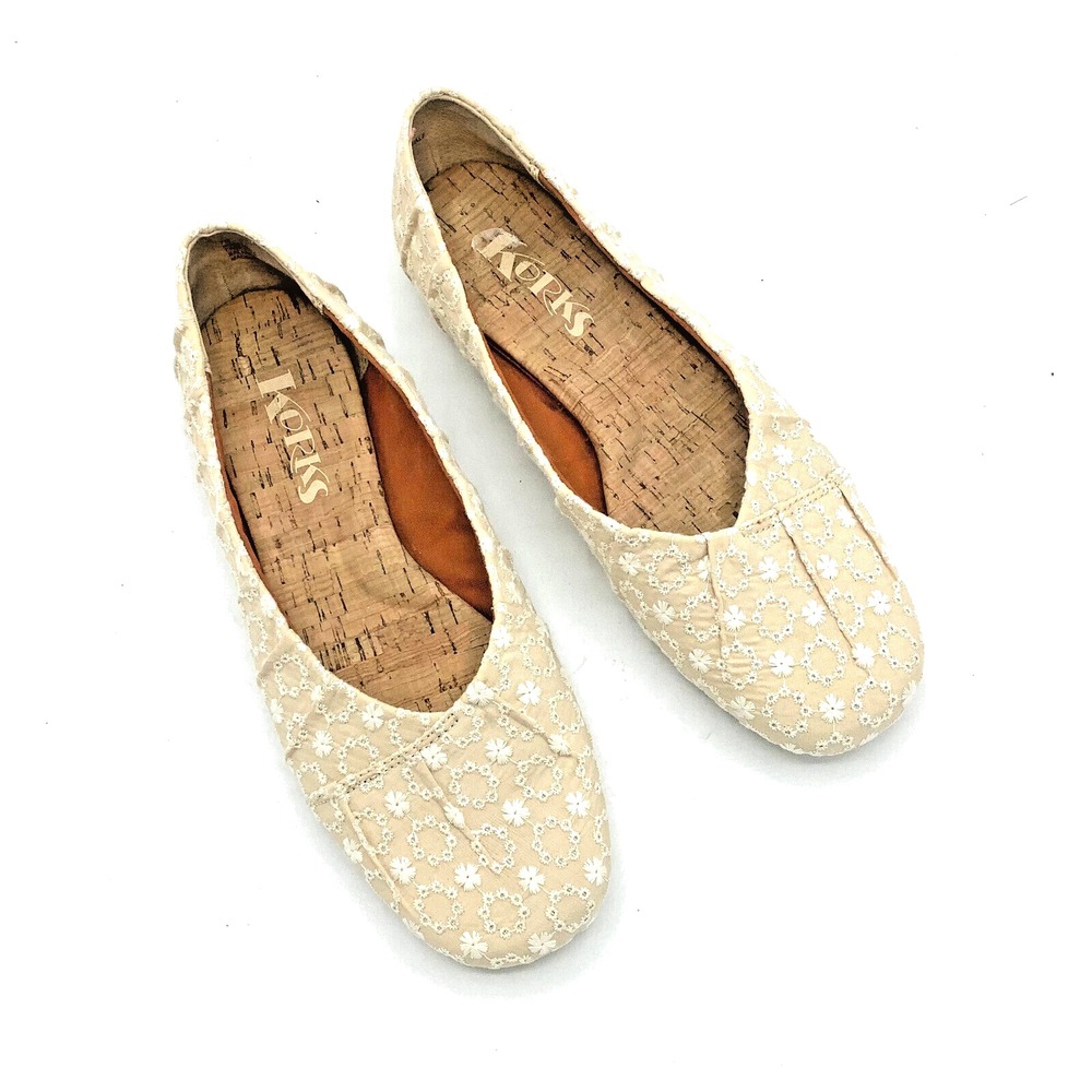 Korks Womens Flats Size 7 Palmer‎ Beige White Floral Eyelet Slip On Flats